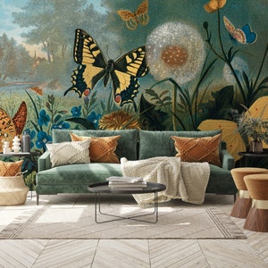Schöne Schmetterlinge und Wiese Wallpaper | Abziehen und aufkleben (selbstklebend) oder nicht klebendes Vinylpapier