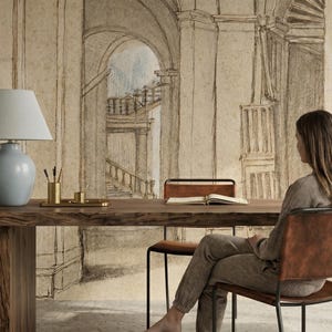Carta da parati con schizzi di architettura antica, murale beige per interni, arte murale antica, decorazione per la casa, autoadesiva o in vinile tradizionale immagine 6