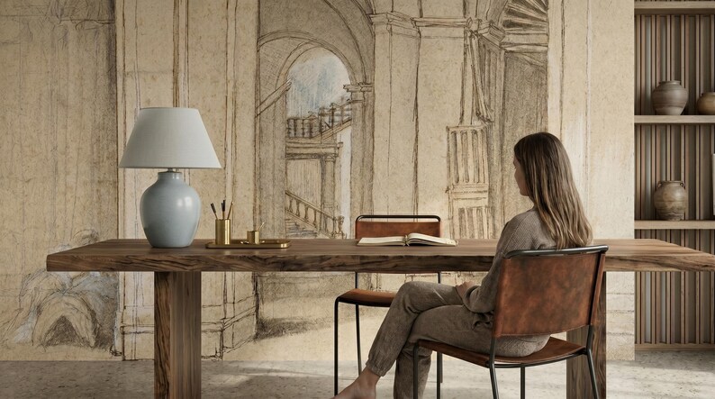 Carta da parati con schizzi di architettura antica, murale beige per interni, arte murale antica, decorazione per la casa, autoadesiva o in vinile tradizionale immagine 6
