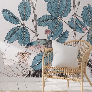 Vogel und blaue Blätter Wallpaper, Vintage Botanisches Wandbild | Abziehen und aufkleben (selbstklebend) oder nicht klebendes Vinylpapier