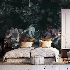 Hydrangea flower wallpaper, floral clipart removable Wallpaper, dark still life flowers, peel and stick wallpaper, oil painting wallpaper