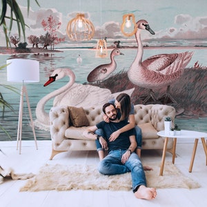 Swans scenic wall mural, bird wallpaper, retro wall mural | Peel and Stick (Self Adhesive) or Non Adhesive Vinyl Paper