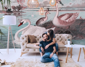 Swans Lake Scenic Wallpaper Mural, Retro Bird Wall Decor
