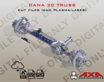 Può includere: Design digitale per un Dana 30 Truss, con file di taglio per plasma CNC e taglio laser. Il design presenta una struttura a traliccio grigia e blu, con il testo "DANA 30 TRUSS" in rosso. Include formati di file DXF, SVG e PDF.