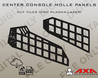 May include: Digital download cut files for two black center console molle panels. The files are compatible with CNC plasma or laser cutters. The image includes the text "CENTER CONSOLE MOLLE PANELS" and "CUT FILES (CNC PLASMA/LASER)".