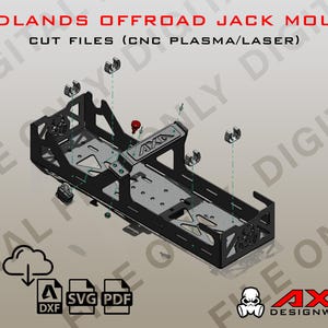 Puede incluir: Un soporte de gato de metal negro para vehículos todoterreno. El soporte está diseñado para sujetar un gato de forma segura en su lugar. El diseño incluye archivos de corte para corte por plasma o láser CNC. La imagen incluye el texto "Badlands Offroad Jack Mount" y "Cut Files (CNC Plasma/Laser)".