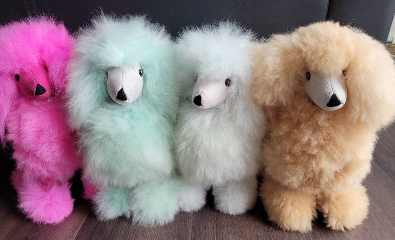 K&ouml;nnte beinhalten: Vier flauschige Alpaka-Teddyb&auml;ren in Pink, Hellgr&uuml;n, Hellblau und Beige.