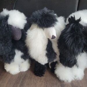 K&ouml;nnte beinhalten: Drei schwarze und wei&szlig;e flauschige Alpaka-Pl&uuml;schtiere. Die Pl&uuml;schtiere stehen auf einem Holzboden.