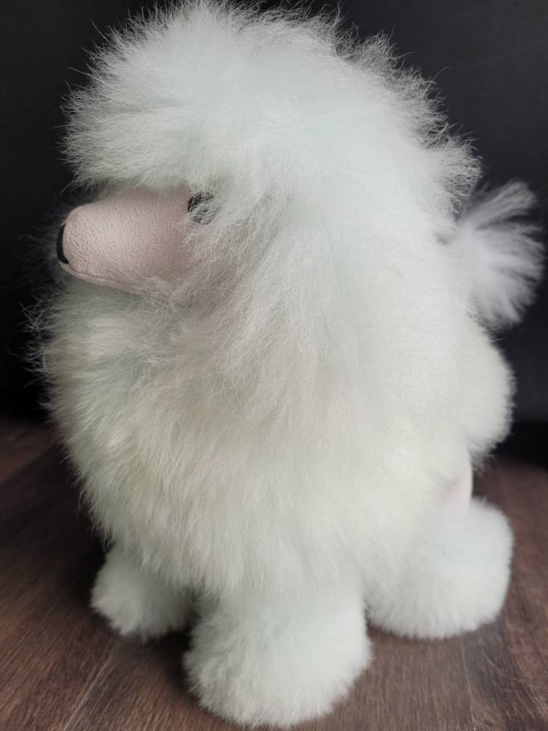 K&ouml;nnte beinhalten: Ein wei&szlig;er, flauschiger Spielzeugpudel mit rosa Nase und schwarzen Augen. Das Spielzeug steht auf einer Holzoberfl&auml;che.