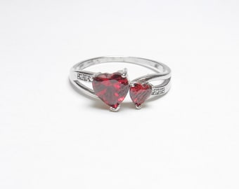Sterling Silver Lab Created Apple Red Double Heart Cubic Zirconia Promise Ring 0.75 Cts Vintage
