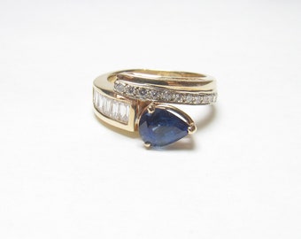 14K Yellow Gold 1.00 Ct Natural Cobalt Blue Sapphire And Diamond Ring Vintage