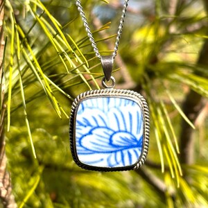 Sterling Silver Real Blue Sea Floral Pottery Piece Pendant With Chain Vintage