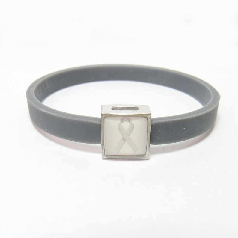 Gray Ribbon Brain Cancer Support Pewter Charm With Gray Silicone Bracelet