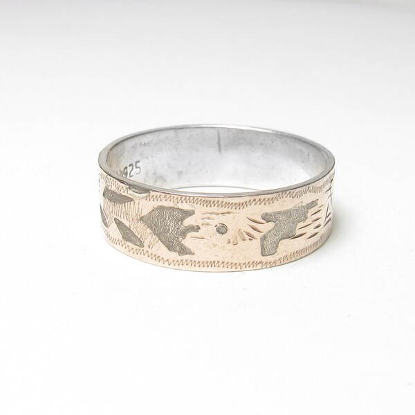 Men's GUSTE Sterling Silver And 14K Rose Gold Etched Tribal Band Style Ring 1980's VIntage