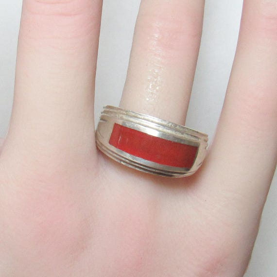 Sterling Silver Rectangle Deep Orange Enamel Band… - image 4