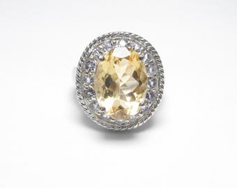 Wide Sterling Silver 6.00 Ct Natural Oval Sun Orange Citrine And Tanzanite Halo Ring Vintage