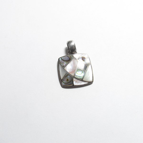 Sterling Silver Colorful Abalone And Mother Of Pearl Square Pendant Vintage