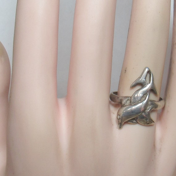 Sterling Silver Fun Interlocking Dolphin Ring Vin… - image 4