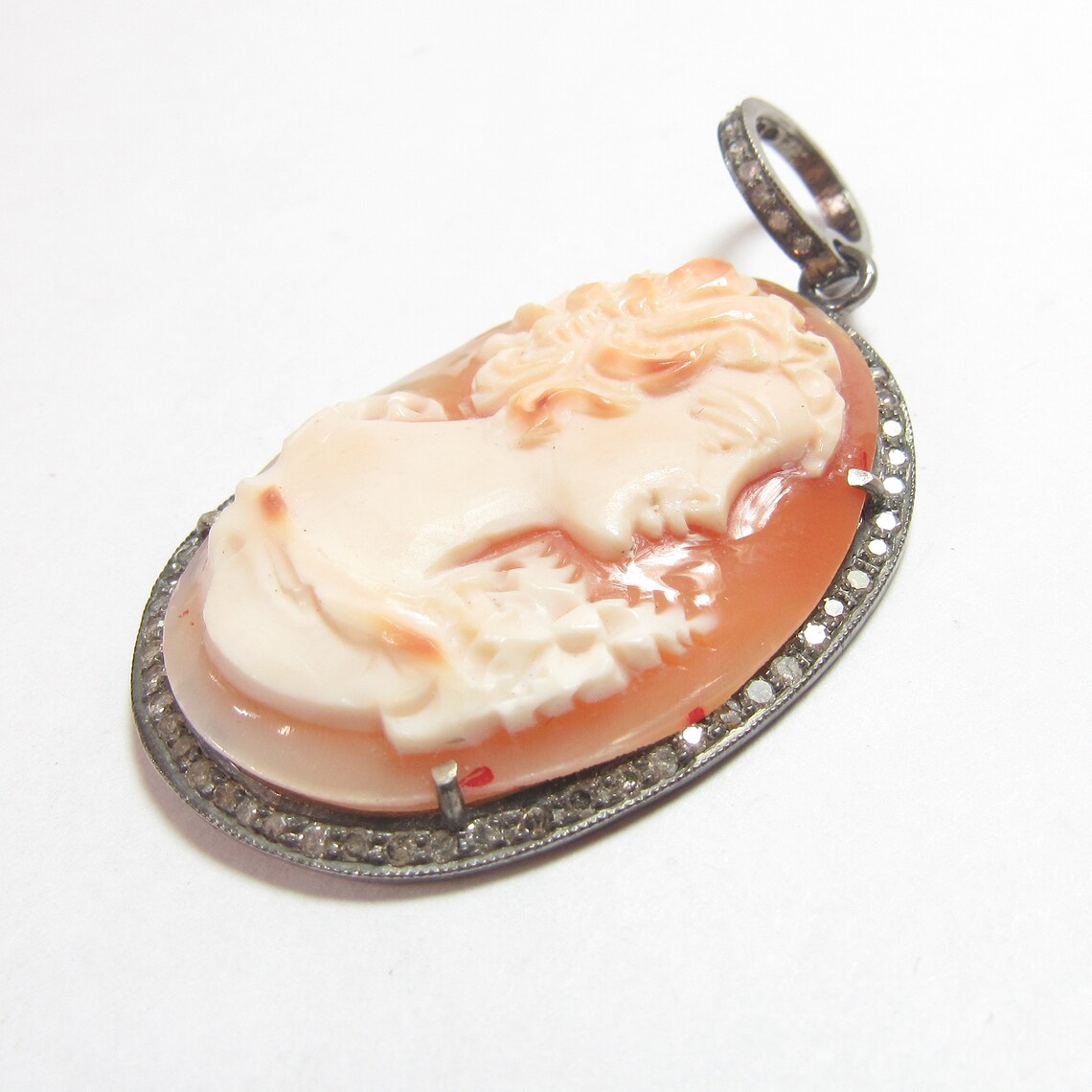 Sterling Silver Carved Curly Hair Woman Shell Cameo Diamond Pendant 0. ...