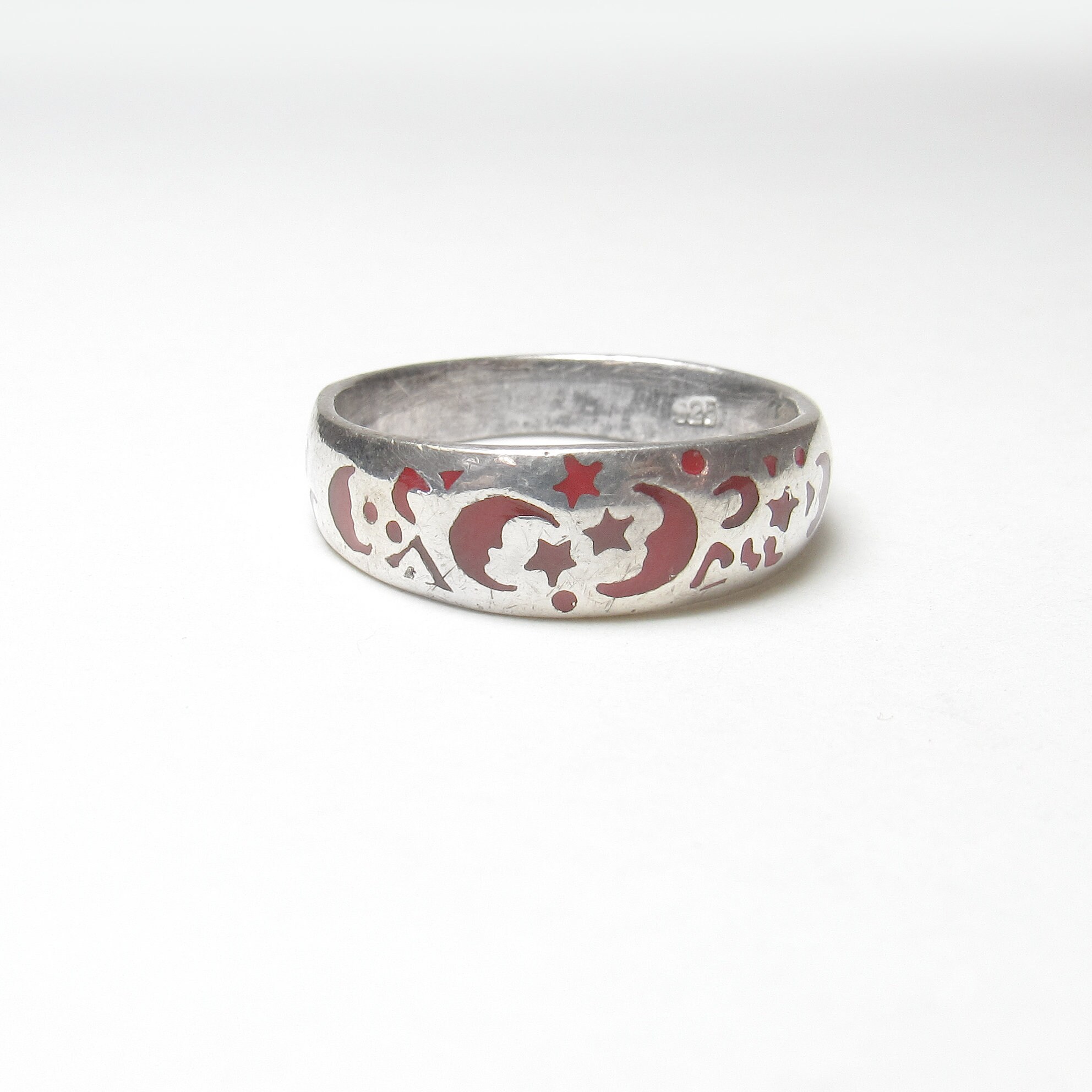 Sterling Silver Blood Red Enameled Moon and Star Design Band Style Ring Vintage