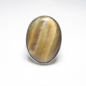 Big BC Sterling Silver 13.00 Ct Natural Caramel Tiger's Eye Solitaire Cable Band Ring Vintage