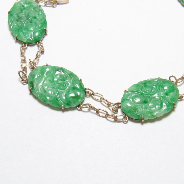 9K Yellow Gold Natural Carved Oval Green Jade Cameo Luck Bracelet 1940's Vintage