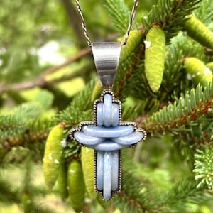 Large JAY KING Southwestern Sterling Silver Natural Blue Aventurine Branch Cross Pendant With Figaro Chain 1980's Vintage