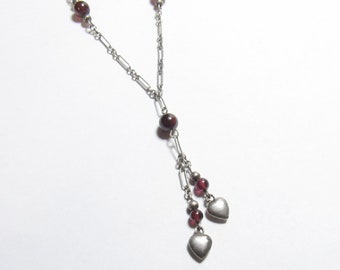 Sterling Silver Natural Cherry Red Garnet Bead Heart Drop Lariat Necklace 4.00 Cts 1940's Vintage