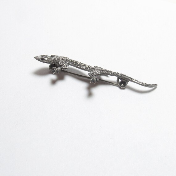 Sterling Silver Long Lizard Marcasite Brooch Pin … - image 2