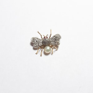 May include: A detailed insect brooch with a pearl body, diamond-studded wings, and ruby eyes. The brooch has gold-colored legs and antennae. The wings have a geometric pattern. The insect is set against a white background.