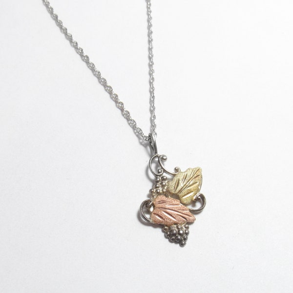 GOLD DIGGERS Sterling Silver And 12K Yellow, Rose Gold Leaf And Berry Pendant With Chain Vintage