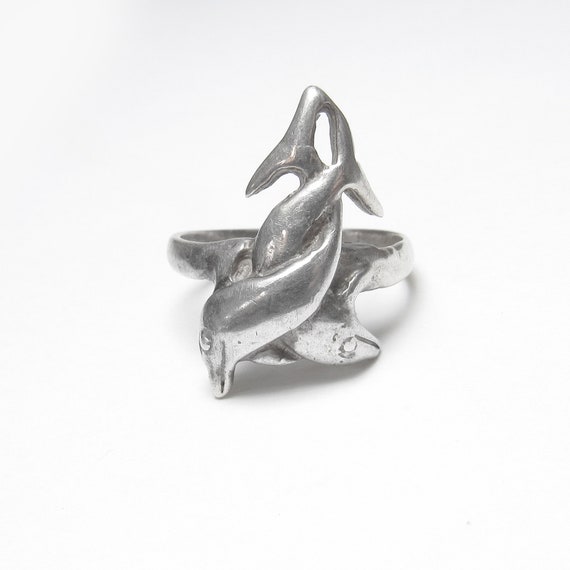 Sterling Silver Fun Interlocking Dolphin Ring Vin… - image 1