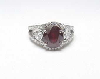 LA4VE Platinum 2.72 Ct Natural Oval Pigeon Blood Red Ruby And Diamond Ring Vintage