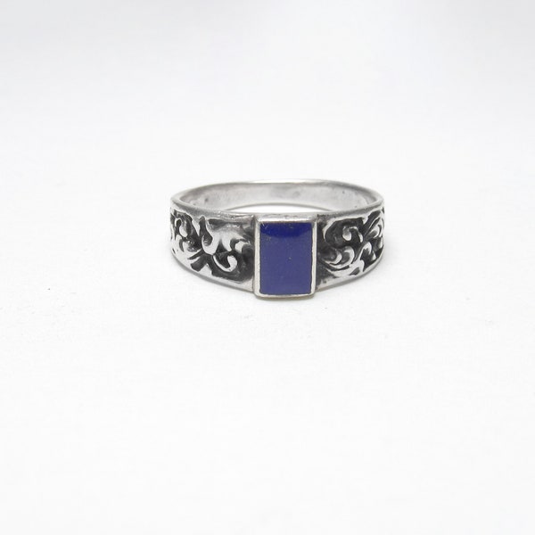 Sterling Silver 0.5045 Ct Natural Rectangle Blue Lapis Vine Design Solitaire Ring Vintage