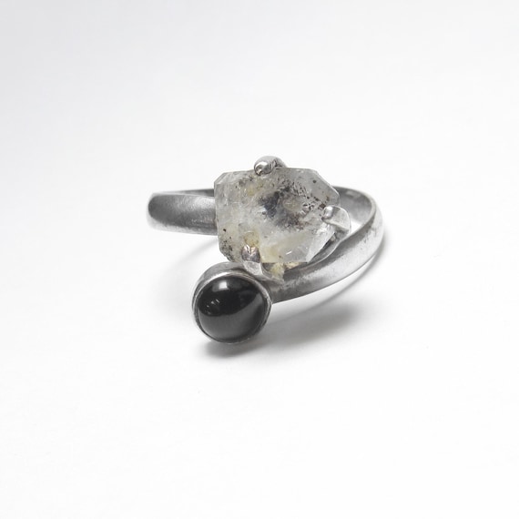 Sterling Silver Raw Natural Tourmalinated Quartz And Onyx Bypass Ring Vintage