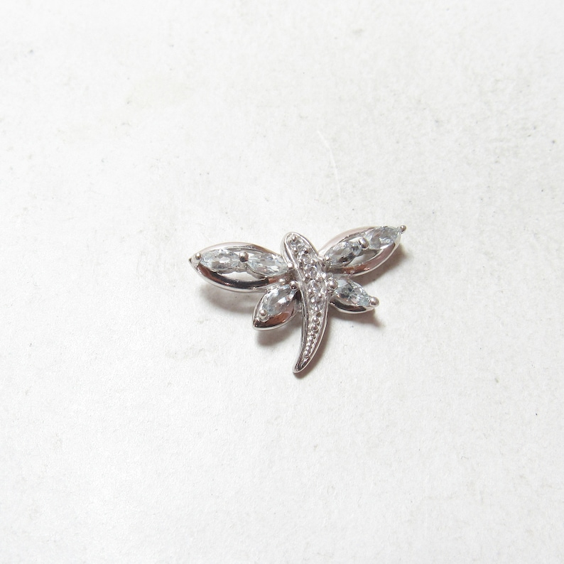 Little 10K White Gold Natural Light Blue Aquamarine White Topaz Dragonfly Pendant Estate