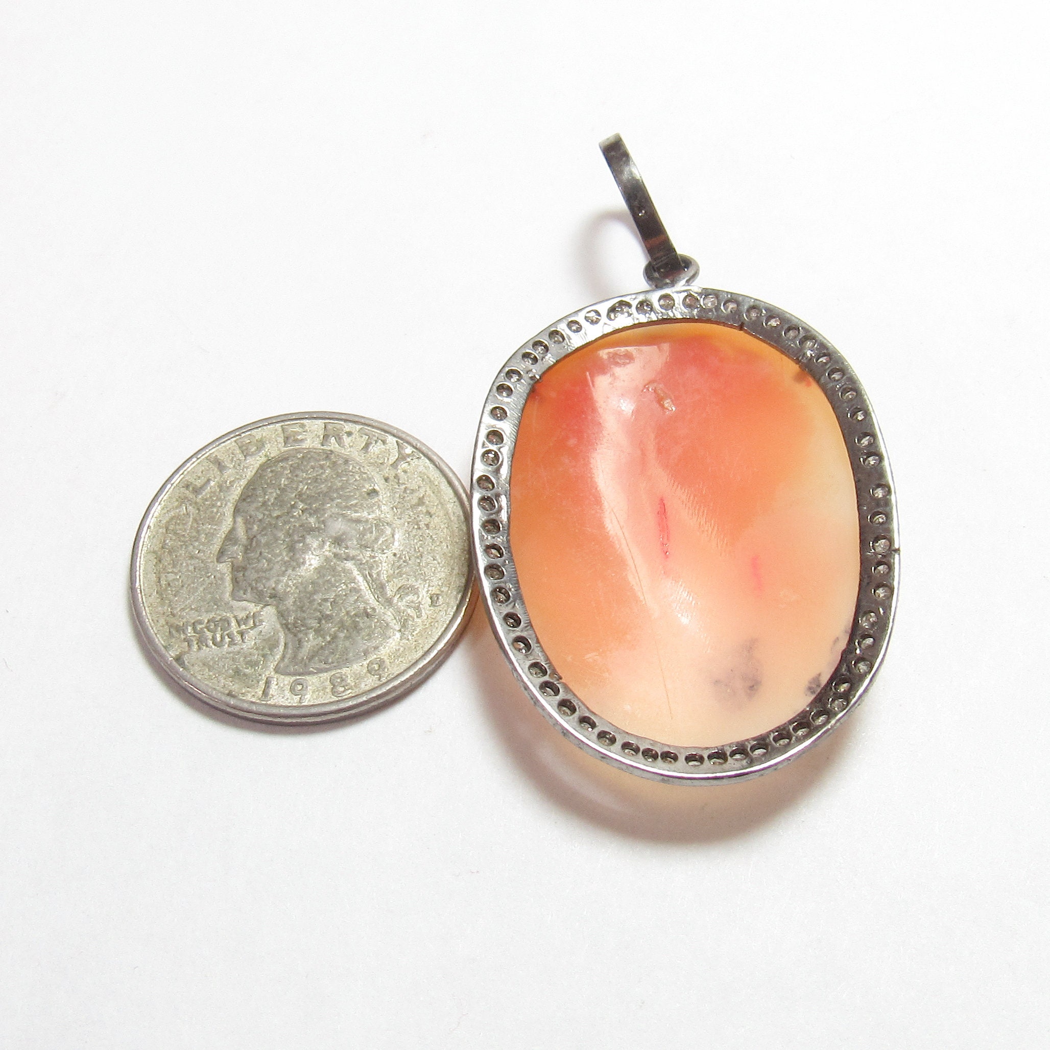 Sterling Silver Carved Curly Hair Woman Shell Cameo Diamond Pendant 0. ...