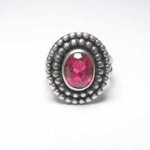 Sterling Silver 2.20 Ct Lab Created Oval Fuchsia Pink Ruby Solitaire Ring Vintage