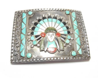 RAYMOND QUAM Zuni Sterling Silver Natural Turquoise, Coral, Jasper Indian Chef Belt Buckle 1980's Vintage