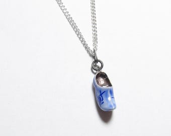 835 Silver (83%) Blue Enameled Dutch Clog Shoe Pendant With Sterling Silver Chain 1940's Vintage