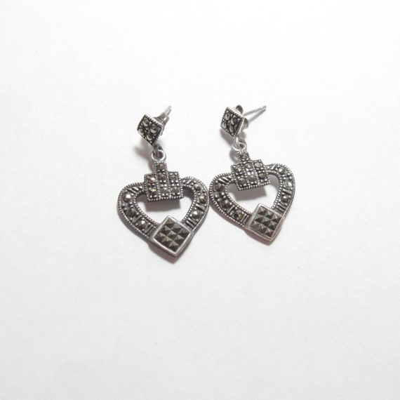 Sterling Silver Marcasite Heart Dangle Earrings Sterling Silver Marcasite Heart Dangle Earrings