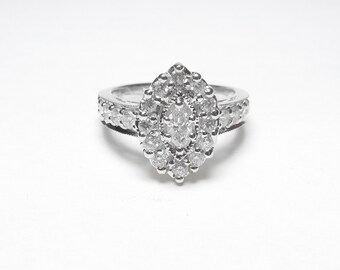 14K White Gold 0.24 Ct Marquise Cut Diamond Halo Ring 0.65 Cts Total Vintage