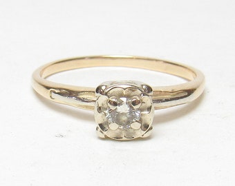 14K Yellow And White Gold 0.16 Ct European Cut Diamond Solitaire Ring 1930's Vintage