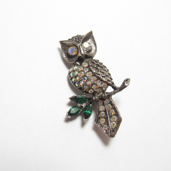 Metal Colorful Rhinestone Detailed Owl Brooch Pin… - image 1