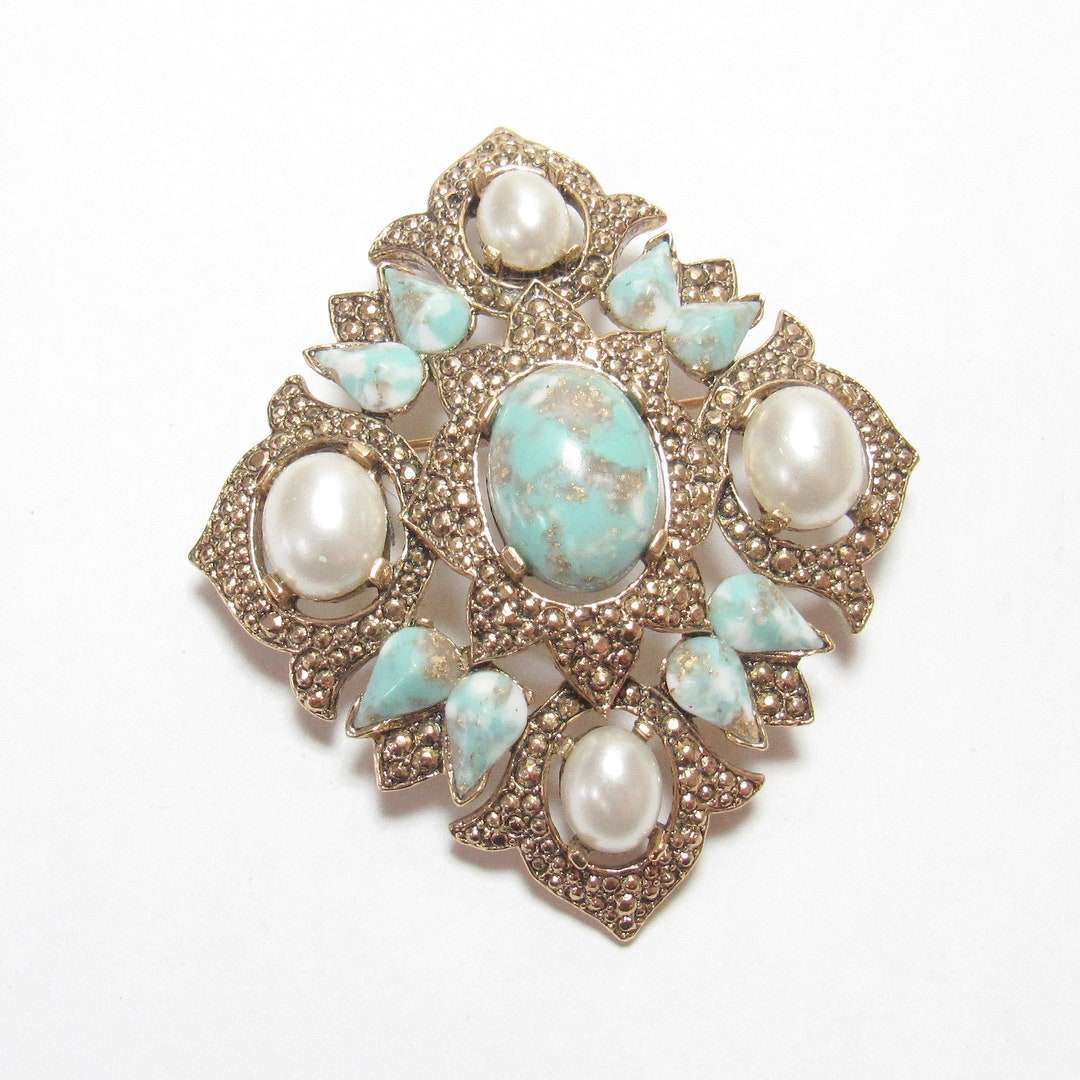 Large SARAH COV COVENTRY Faux Blue Turquoise and Pearl Brooch 1980's ...