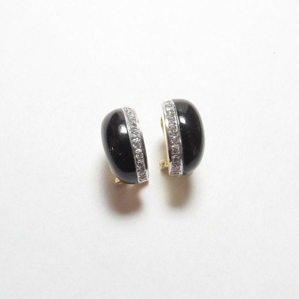 14K Yellow And White Gold Brilliant Cut Diamond Onyx French Clip Earrings 0.20 Cts Vintage