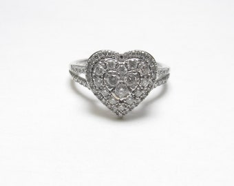 KJ 10K White Gold Single And Brilliant Cut Diamond Heart Promise Ring 0.50 Cts Vintage