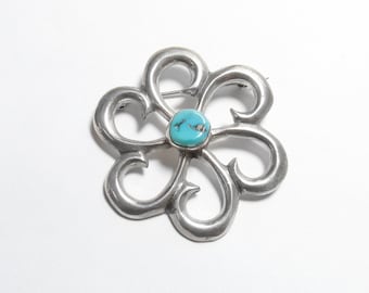 Southwestern Style Sterling Silver 3.00 Ct Natural Blue Morenci Turquoise Flower Brooch Pin Vintage