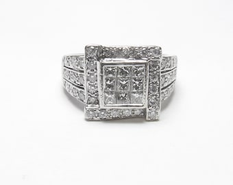 14K White Gold Princess And Brilliant Cut Diamond Cluster Ring 1.10 Cts Vintage