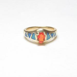 CHUCK CLEMENCY 14K Yellow Gold 0.60 Ct Natural Orange Spessartine Garnet And Opal Inlay Ring Vintage